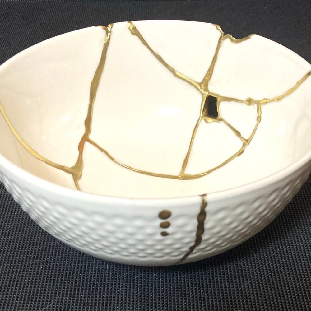 KINTSUGI WABI SABI INSPIRATION AMELIA WHITE GOLD BOWL 6" CERAMIC HAND MADE DECOR